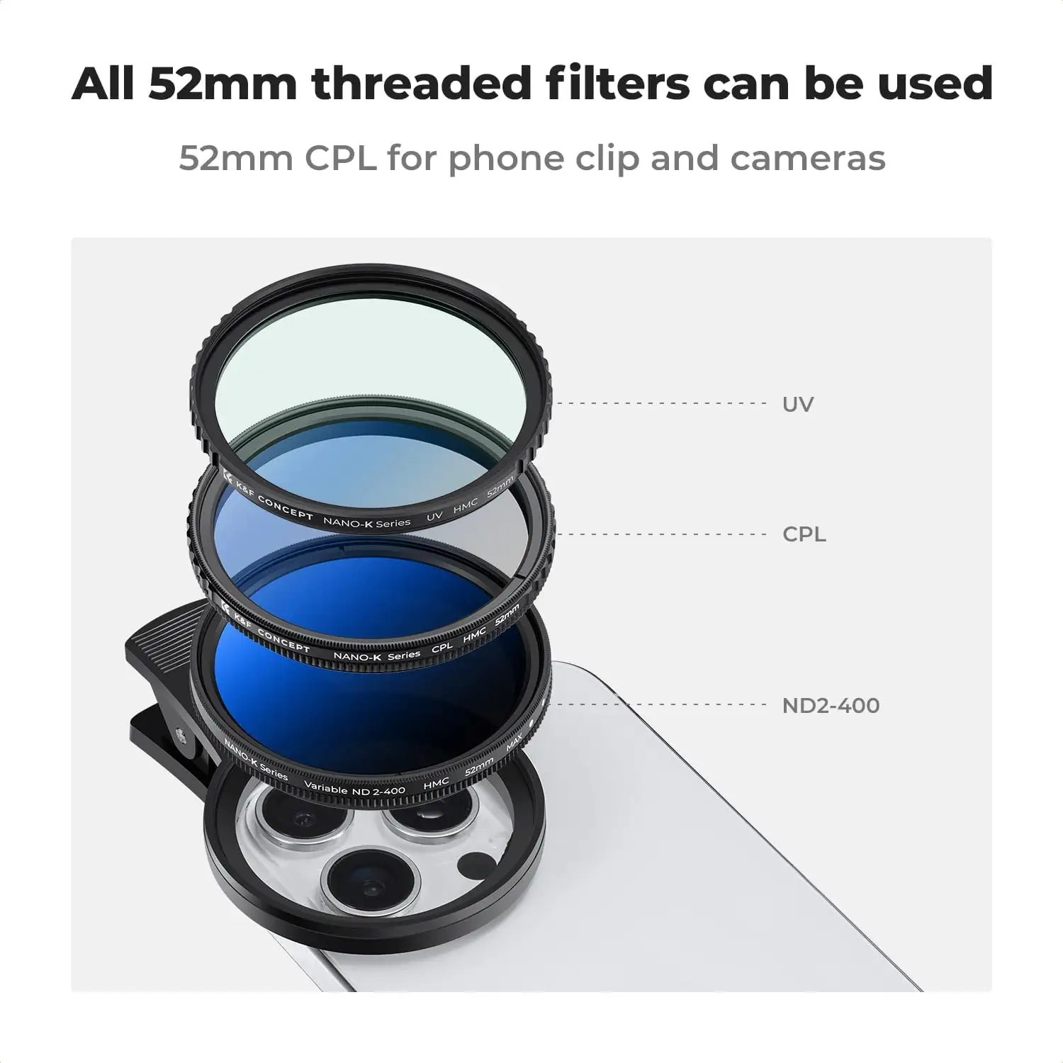 K&F Concept 52mm Clip-on CPL Phone Camera Lens Filter Kit - 61liJ4bzMaL._AC_SL1500_
